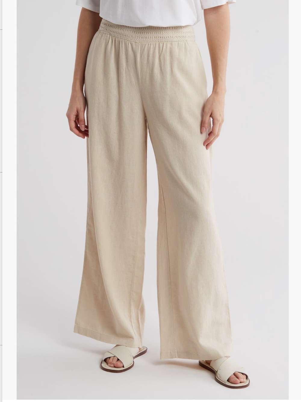 Ellen Tracy Smocked Waist Wide Leg Linen Blend Pants in Beige